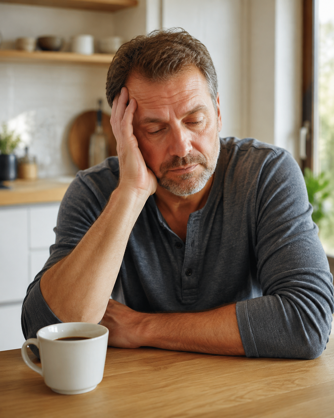 A tired man pausing with a regular cup of coffee after the morning energy drop