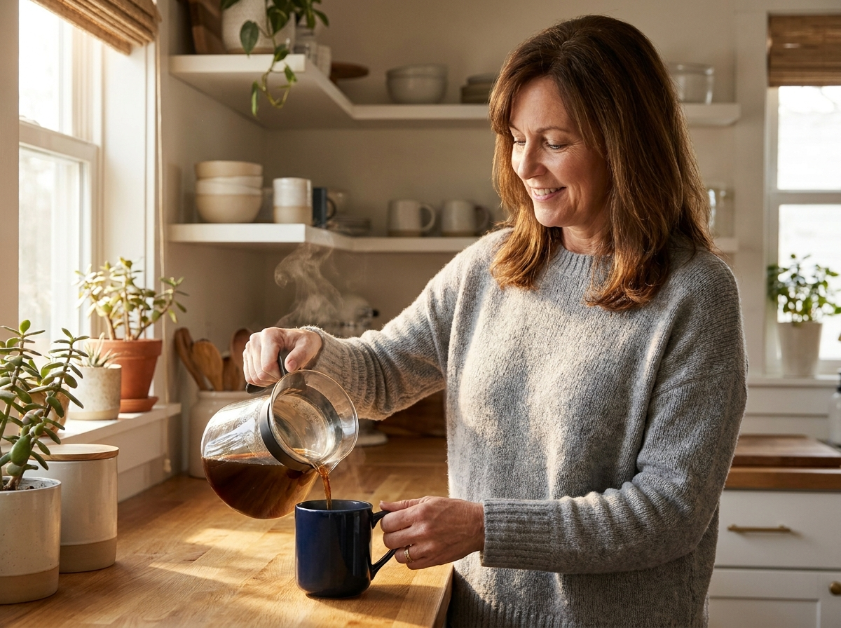 A brunette woman around 50 brewing coffee in her home kitchen