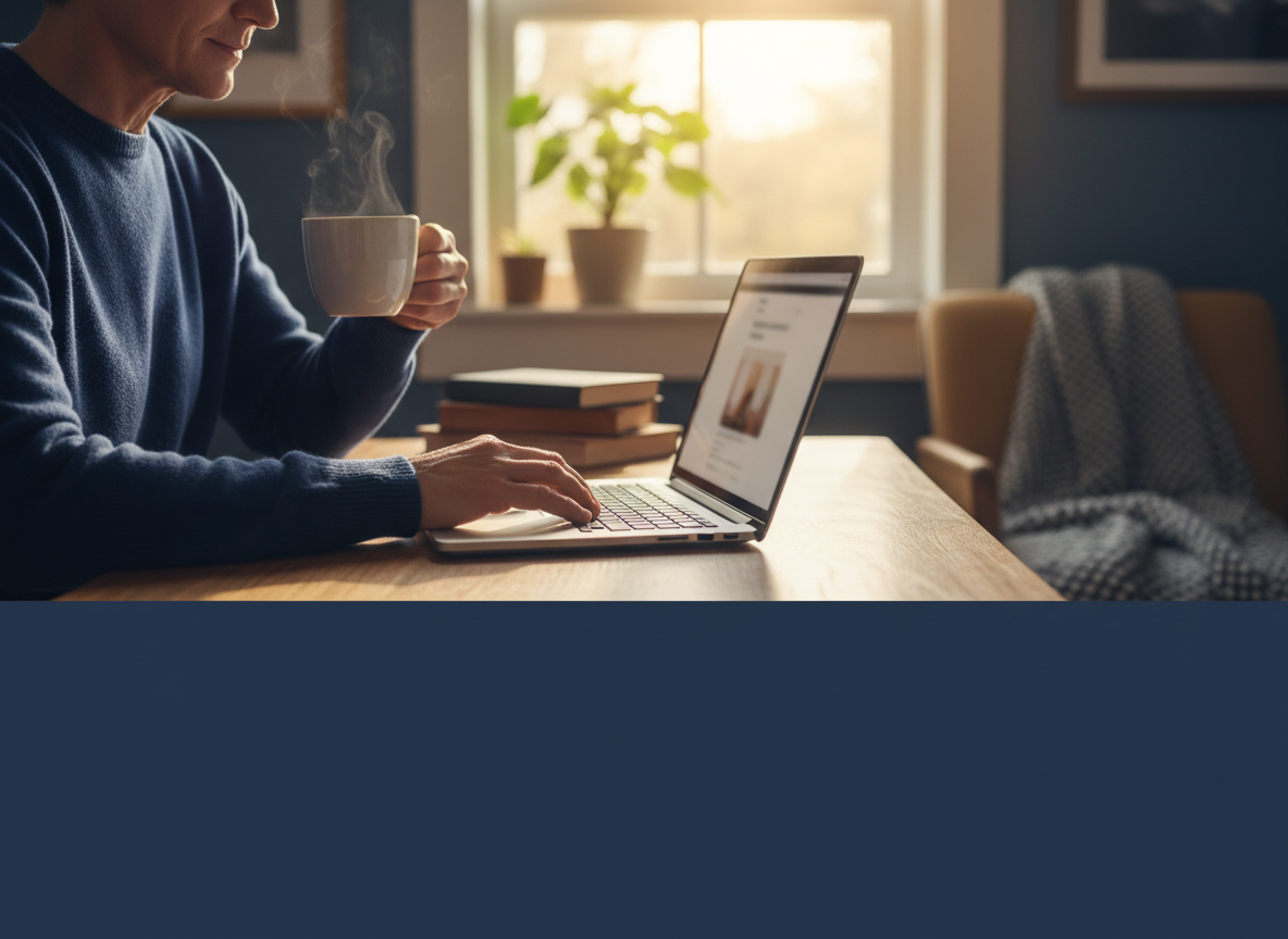 Person enjoying coffee at a tidy desk