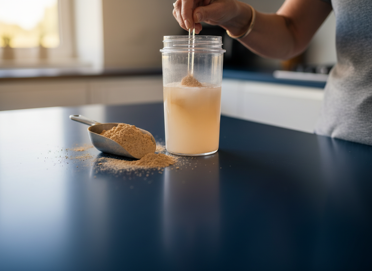 A scoop of powder and shaker on a coffee counter