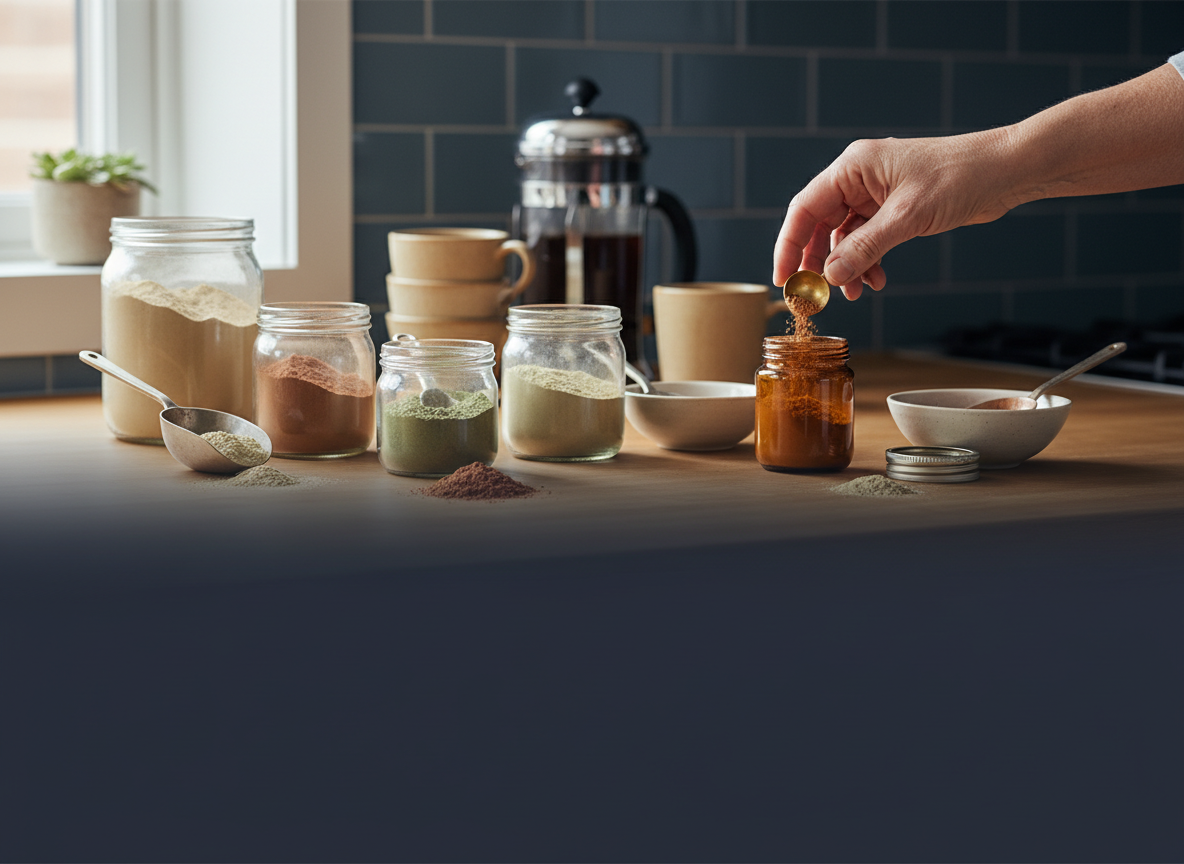 Separate supplement jars and scoops on a coffee counter
