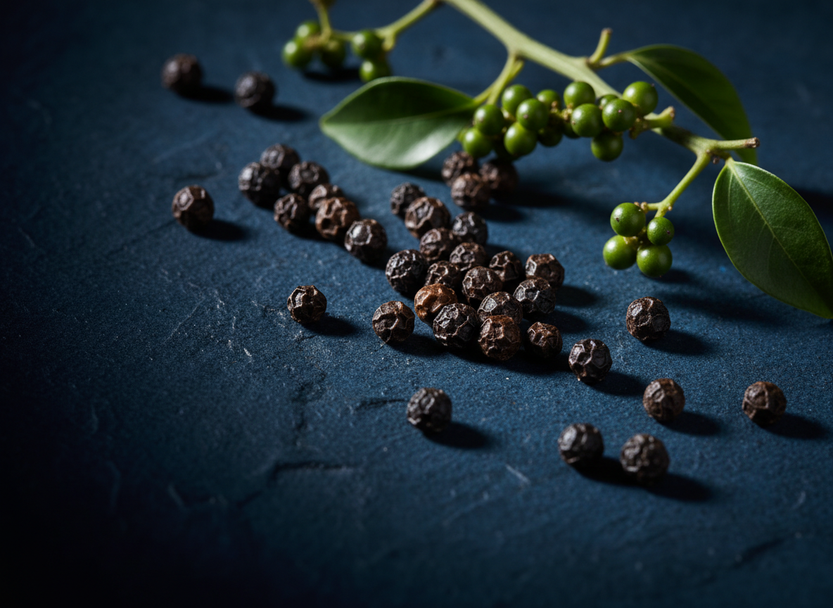 Black peppercorns and pepper vine