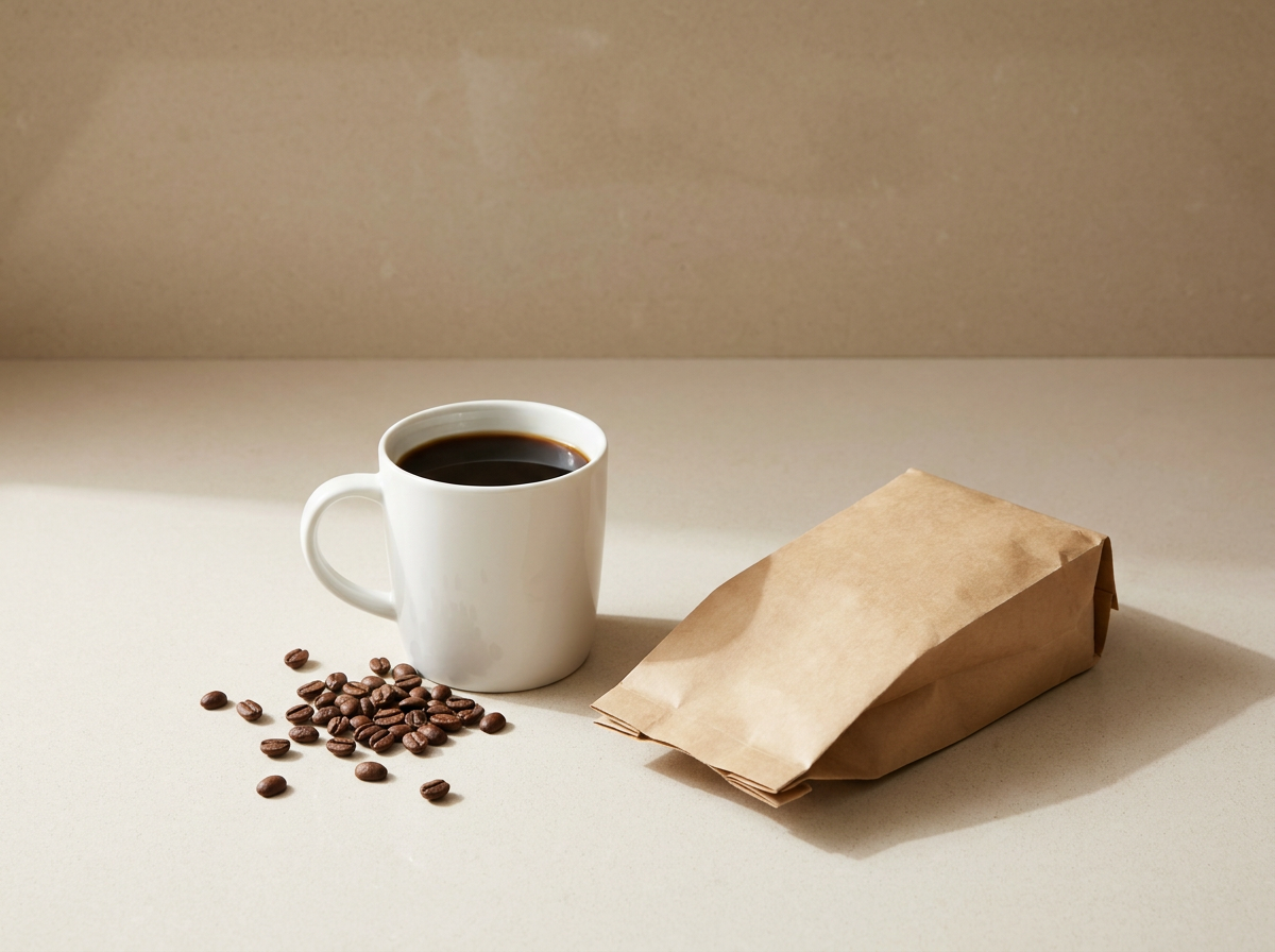 Plain black coffee, coffee beans, and an unbranded coffee bag in a simple coffee-only routine